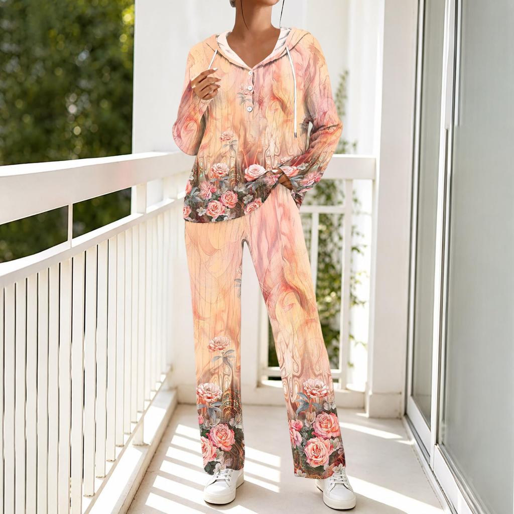 Women's V-Neck Print Long Sleeve Hooded Pajama Set with Pockets, Loose Fit Casual Wear