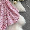 French Sexy Floral V-Neck Short Sleeve Lace-Up Waist Slim Pleated Long Dress
