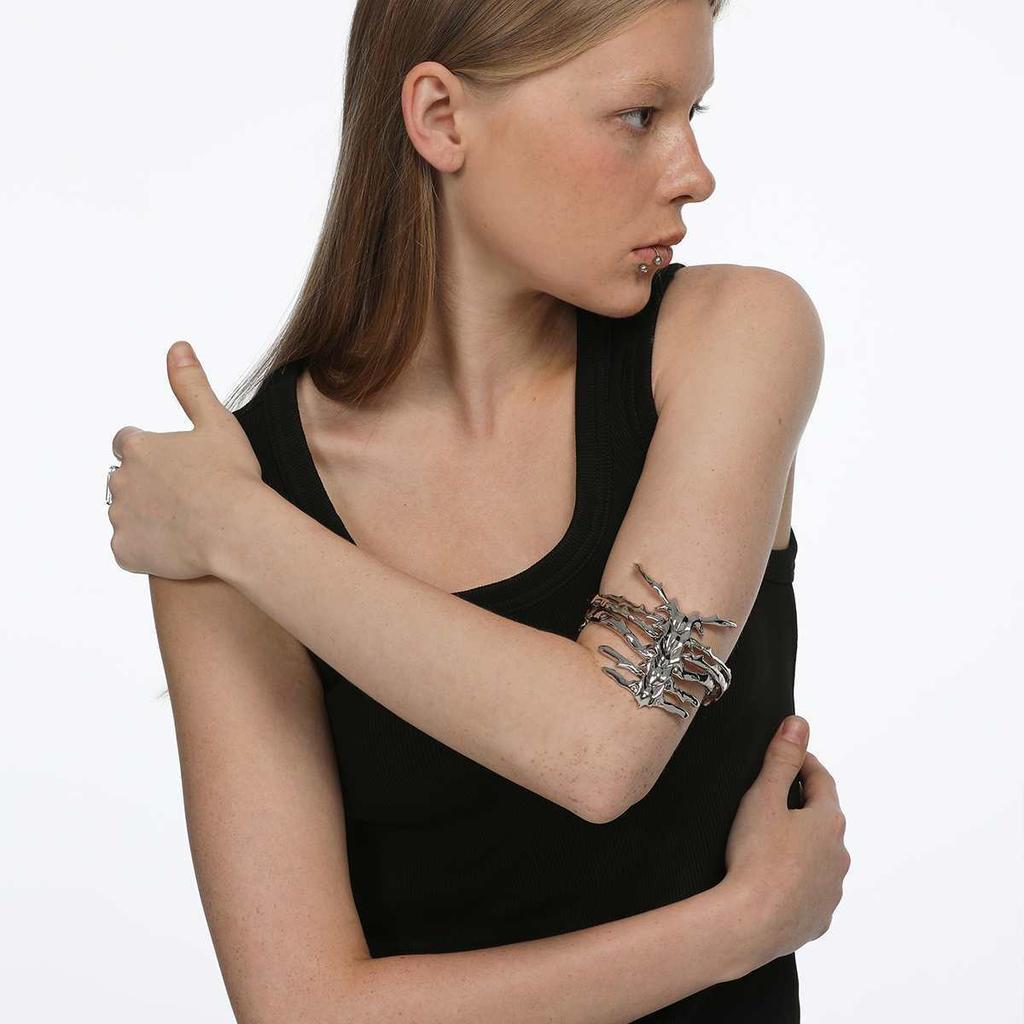 Mens Gothic Skeleton Hand Cuff Bracelet, Silver Tone Alloy Irregular Open Bangle, Punk Arm Jewelry for Women Men