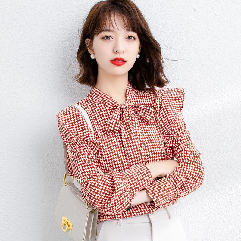 Thousand Bird Grid Shirt for Women Spring Clothing Bow Tie Shirt for Women Fashionable Versatile Top Blouses & Shirts