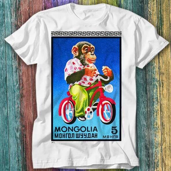 

1973 Mongolia Chimpanzee Riding Bicycle Postage Stamp Monkey T Shirt Top Tee 548 4XL