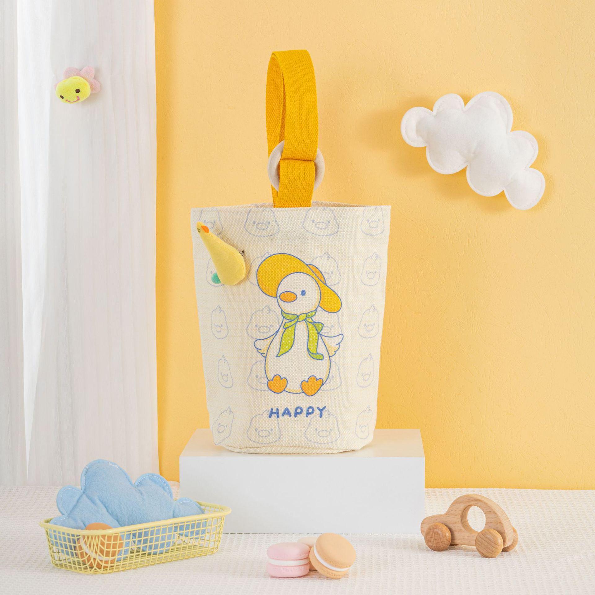 

Сумка-ведро из холщовой ткани с деревянным кольцом — портативный дизайн с мультяшным рисунком для мам и коллекционеров сувениров