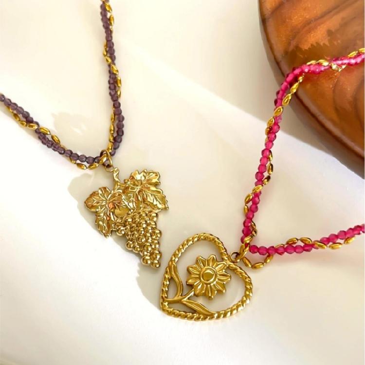 Modern Stainless Steel Necklace with Heart Flower/Grape Charm Crystal Beads Adjustable Closure Neckchain Accessory