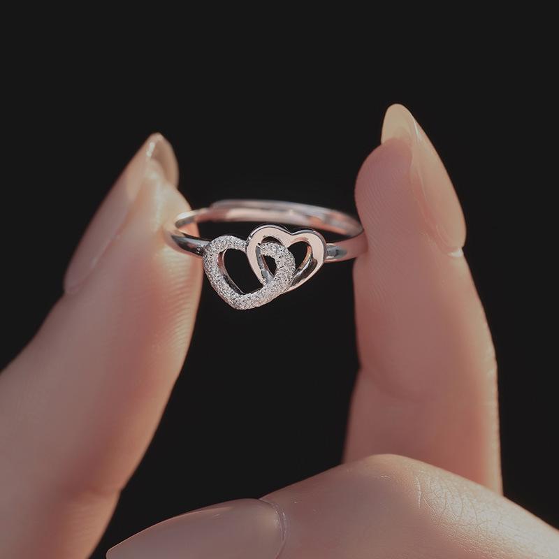Banyan Tree S925 Silver Heart-to-Heart Double Love Ring for Women - Simple, Versatile, High-End Gift.