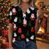 Women's Casual V-Neck Short Sleeve Button Front T-Shirt Top with Christmas Print