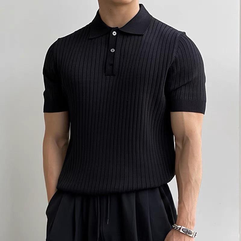 Summer Vintage Polo-neck Knitting Pullover Top Male Short Sleeve Solid Color Tee Men Casual Fashion T-shirt