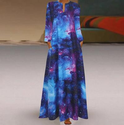 Neues, modisches Maxikleid mit 3D-Sternenhimmel-Print und langen Ärmeln