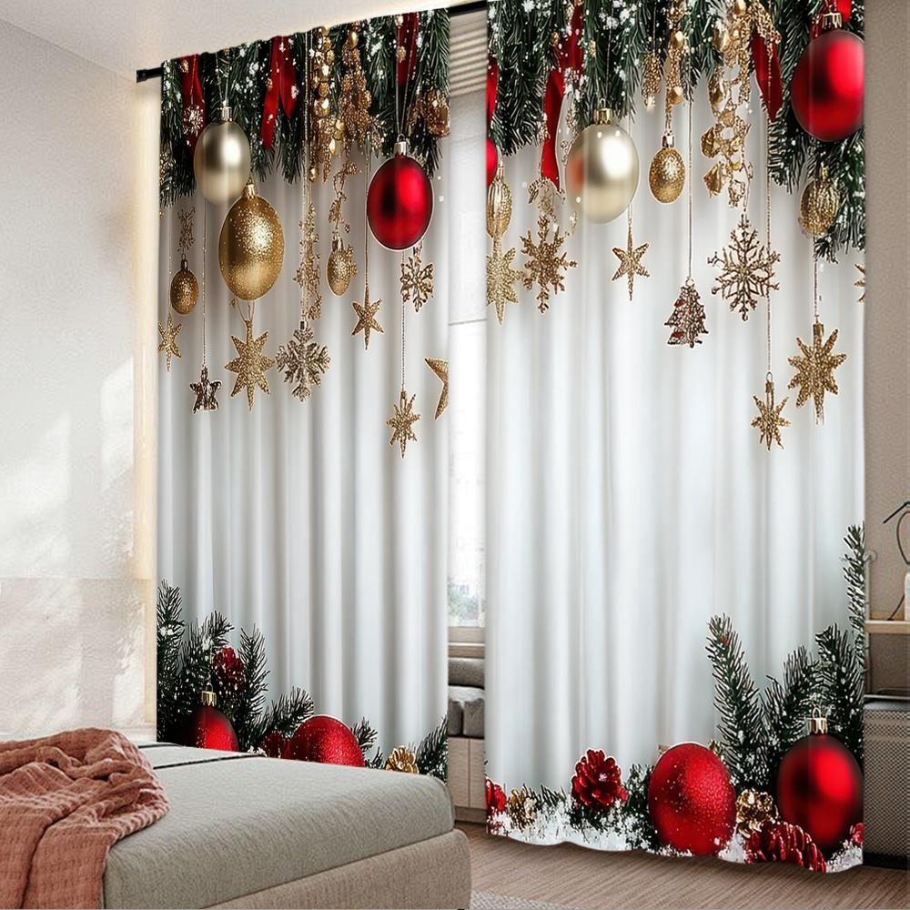 

Flat Printing Merry Christmas Curtains Festive Ornaments Digital Printed Polyester Drapes Party Holiday Decor Set Of 2 Made W100*H70(CM)-Hooks&2PCS