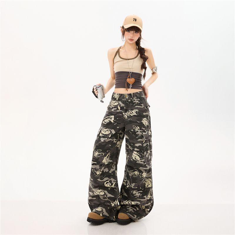 Spring Summer Pure Cotton Unique Print Relax Wide Leg Casual Cargo Denim Pants For Ladies Casual Pants Oversize Denim Trousers