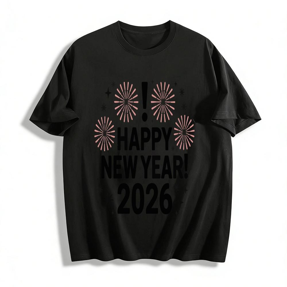 Happy New Year 2026 Firework Print Unisex Casual Tops Pure cotton T-shirt XXS