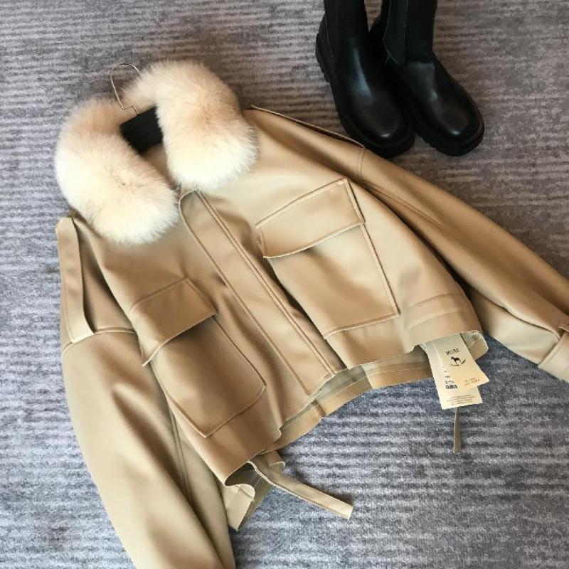 

Пи преодолеть кожаная куртка женская одежда осень и зима новая меховая интегрированная флисовая утолщенная маленькая короткая S