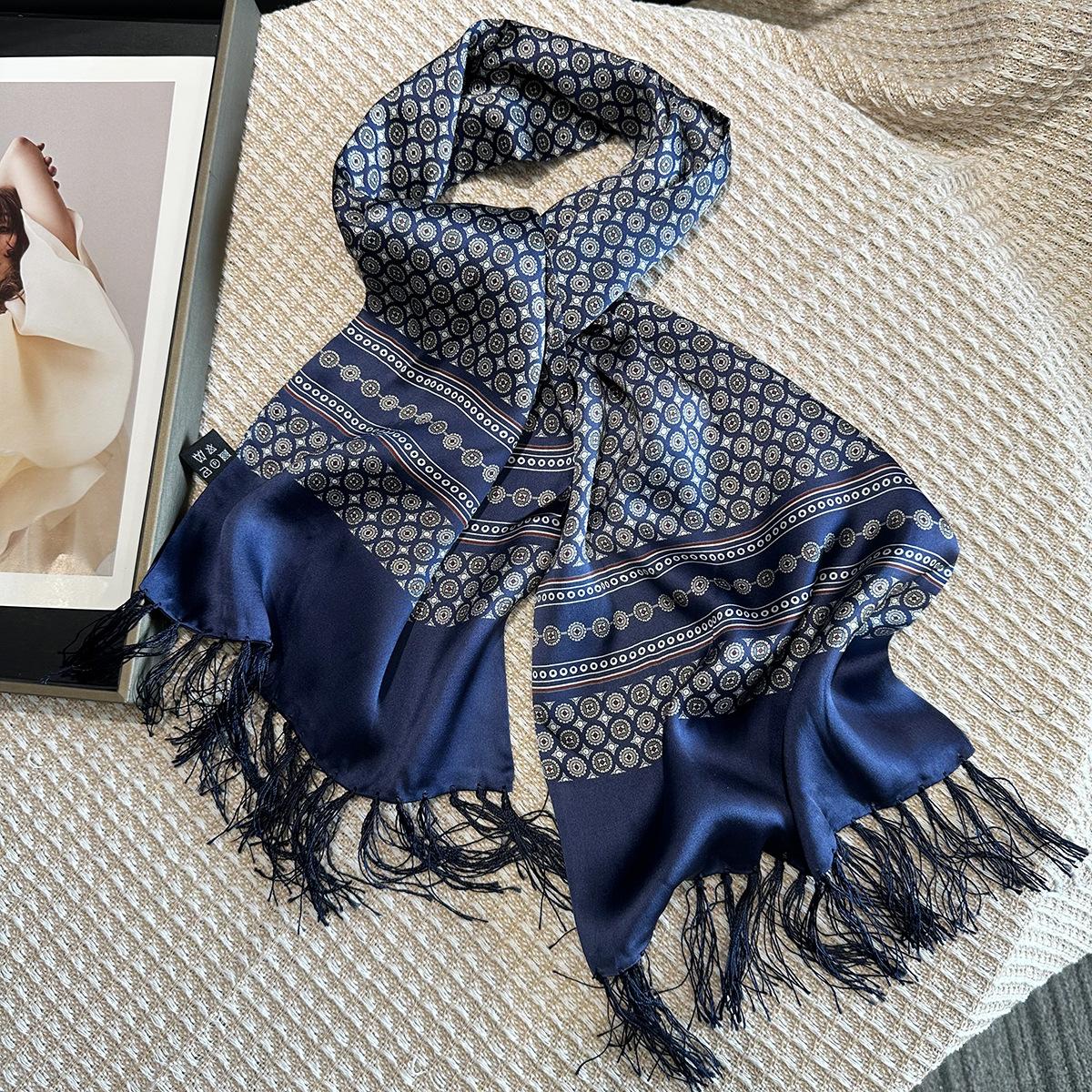 Blue Totem Men s Scarf 100% Mulberry Silk Silk Scarf with Tassel Business Silk Double Stripe Scarf 124*25cm