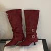 Mi Ting 2025 new two-wear pointed-toed thin-heeled high boots women's suede folds piled up boots but knee belt buckle