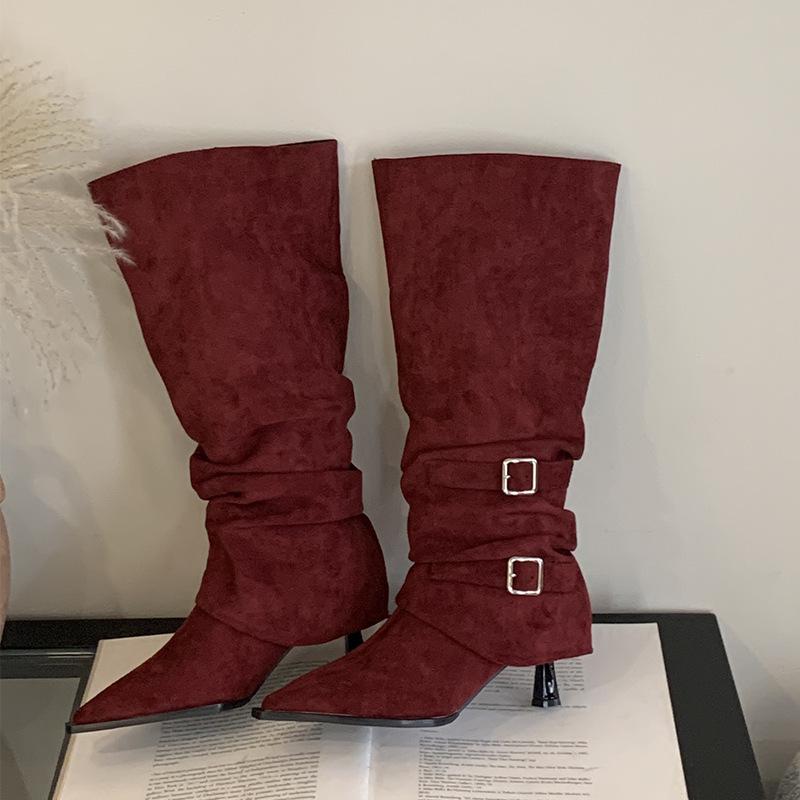 Mi Ting 2025 new two-wear pointed-toed thin-heeled high boots women's suede folds piled up boots but knee belt buckle