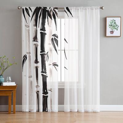 Tuschemalerei Bambus Schwarz-Weiß Tüll Fensterbehandlung Transparente Vorhänge für Wohnzimmer Schlafzimmer Vorhänge Dekoration