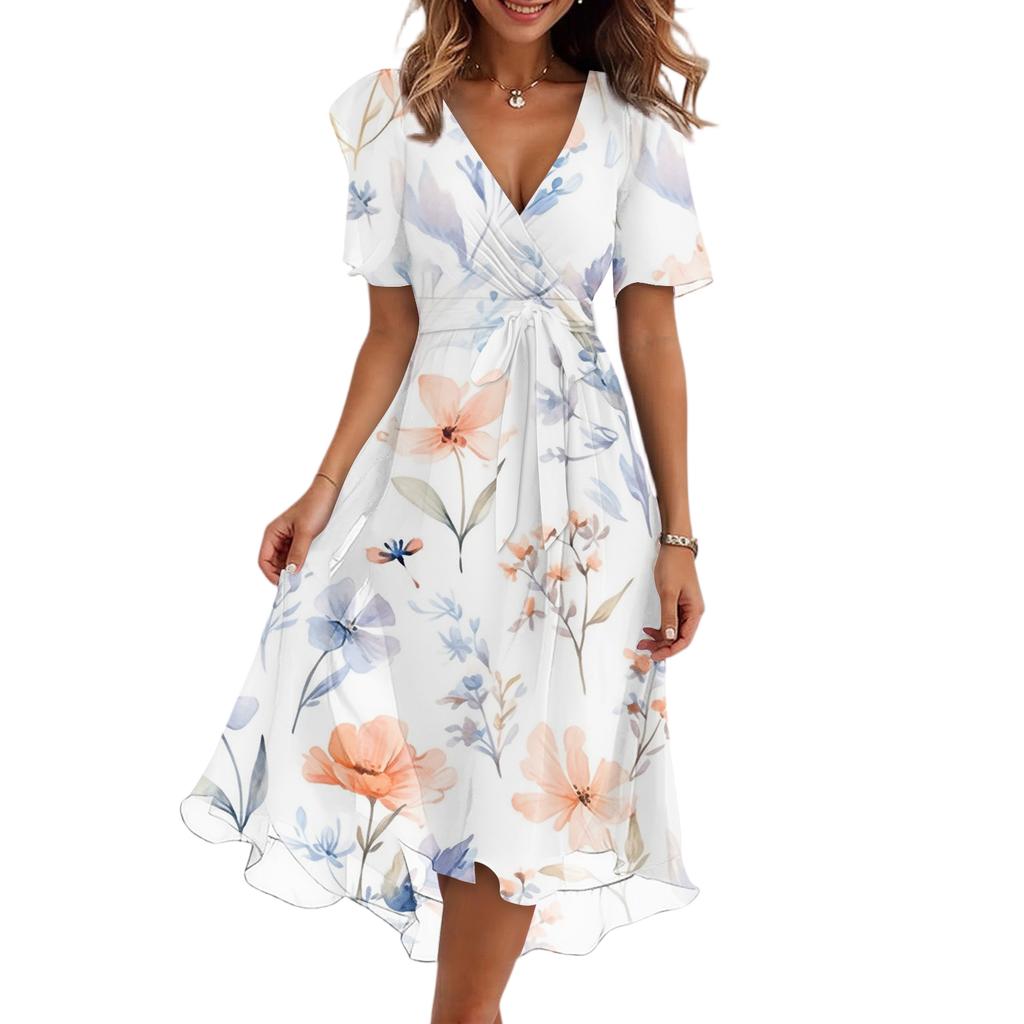 Women's Casual V Neck Short Sleeve Floral Print Dress Vintage Style Wrap Midi Dress Lightweight Summer Dress for Daily Wear