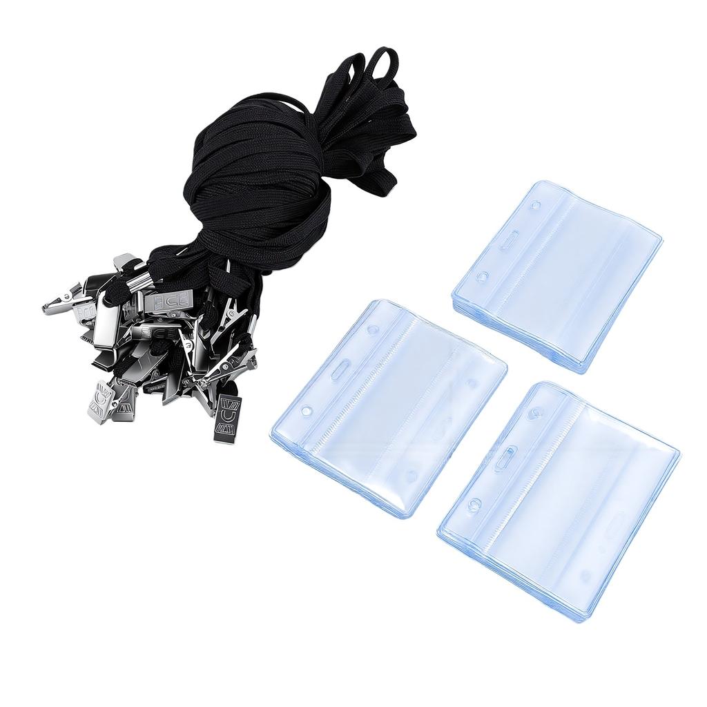 30PCS ID Badge Holder with Clip Lanyards Water Proof Transparent Horizontal Name Badge Holder for Work Office School