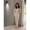 Women's Autumn and Winter Solid Color Pretty Knit Top Long Sleeve V Neck Slim Dresses