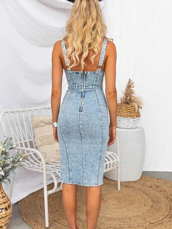 Denim Dress With U Neck And Vintage Wash For Casual Spring Wear