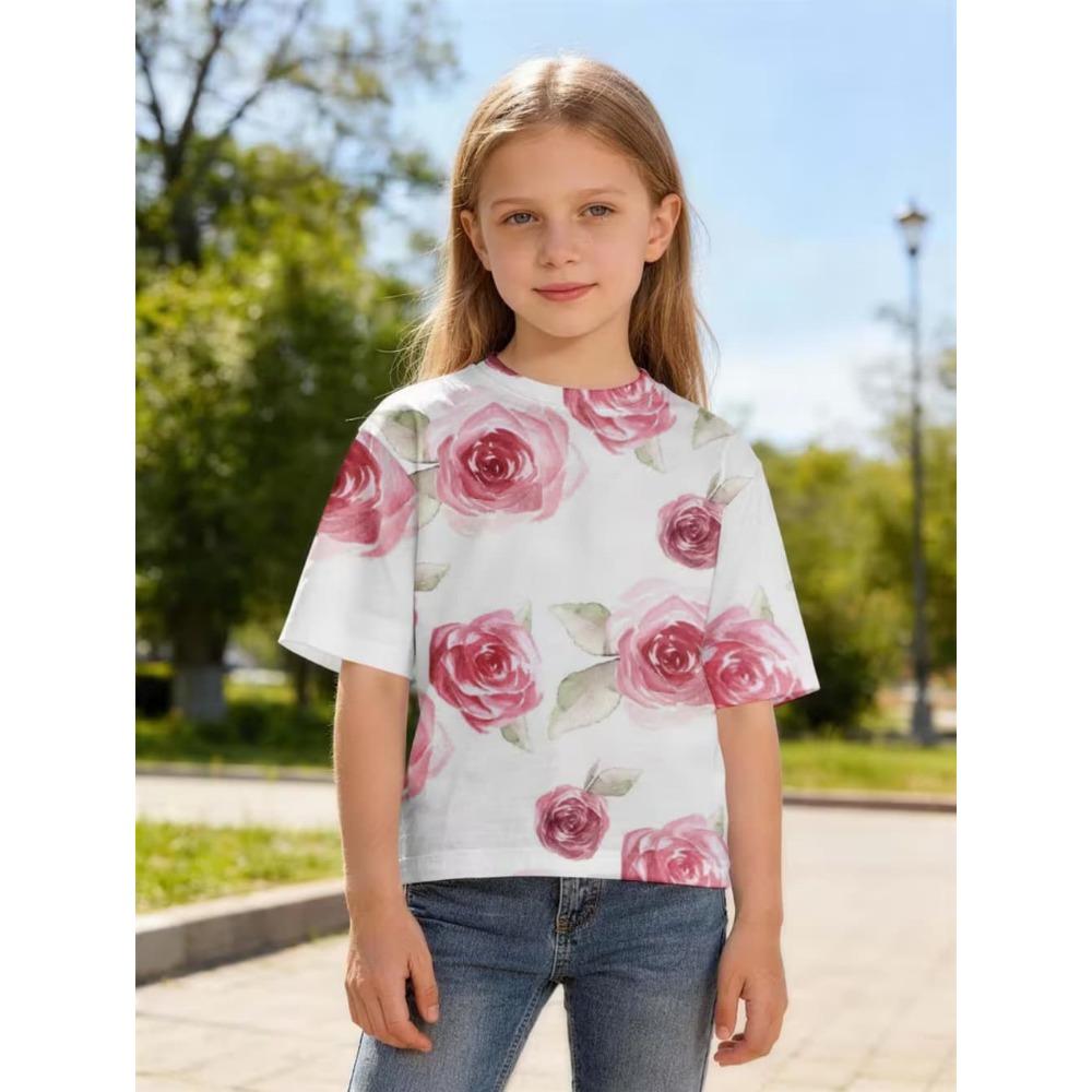 Summer Girl T-shirt Fashion Flower 3D Print Kids Short Sleeves T-Shirt Loose Casual Tops Outdoor Comfortable Girl Clothing