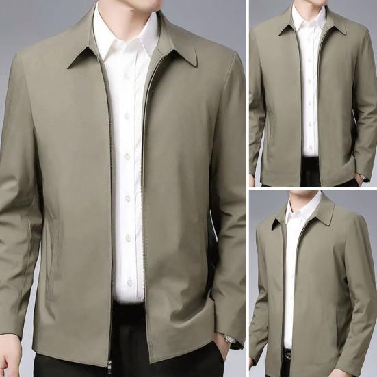 Men Jacket Lapel Solid Color Mid-aged Elderly Men Long Sleeve Zipper Closure Straight Formal Business Casual Soft Spring Fall Daily Coat