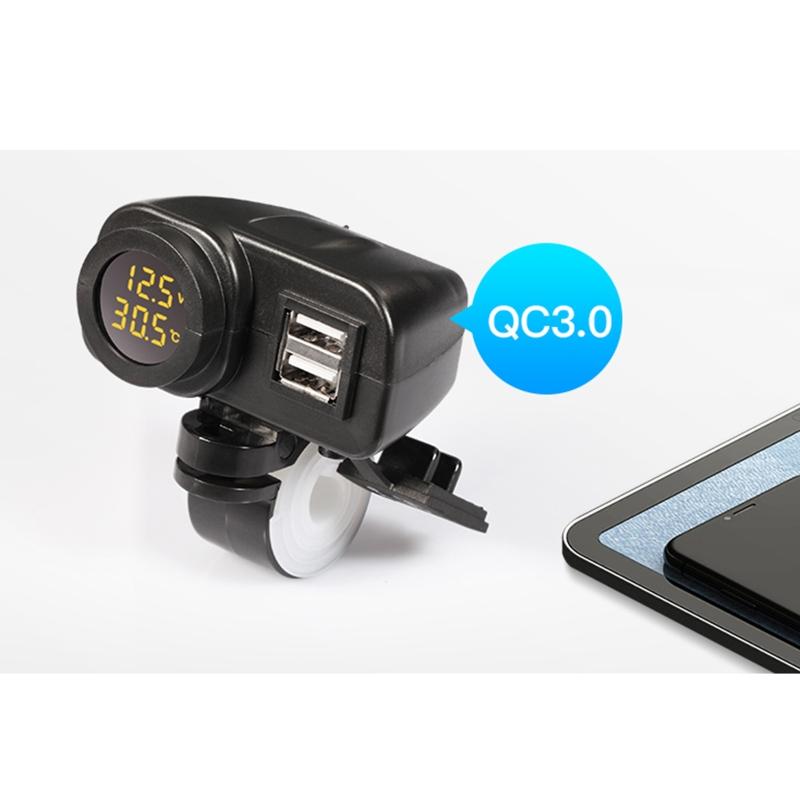 Quick Charge 18W Car Dual USB Charger QC3.0 Waterproof with Voltmeter Thermometer for 12V/24V Motorcycle ATV Boat Marine