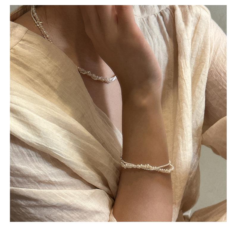 S925 Sterling Silver Double-Layer Necklace Bracelet with Pearls and Sparkling Sand