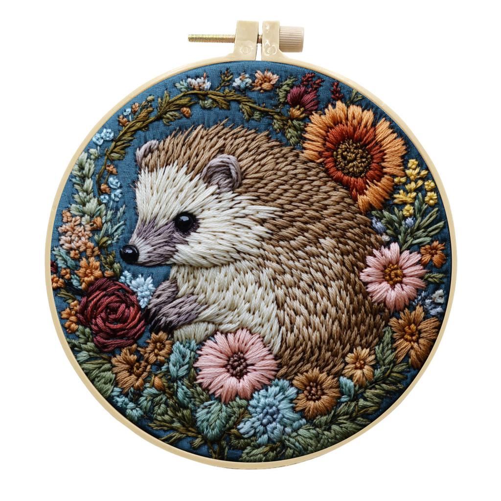 1pc Hedgehog and Flower Pattern Embroidery DIY Fabric Craft Kit with Tools