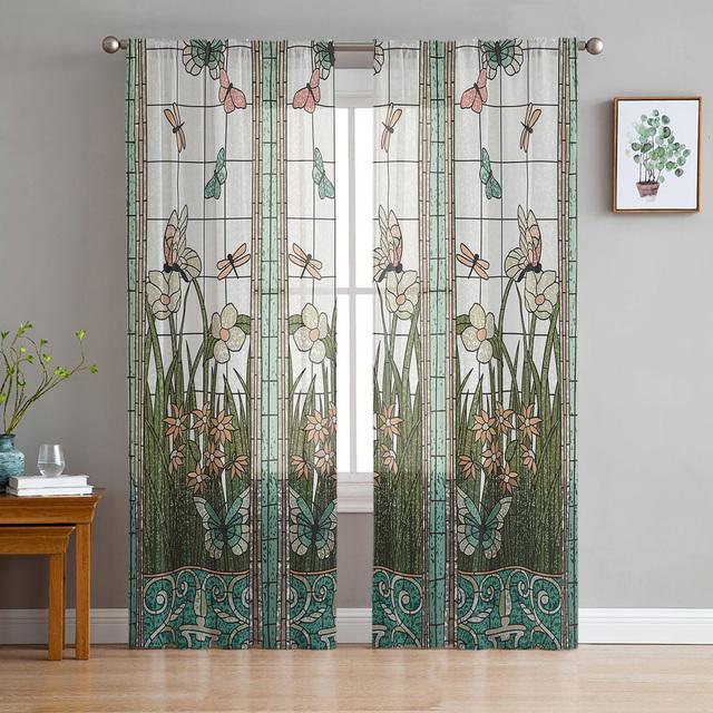 Dragonfly Flowers Sheer Curtain For Living Room Voile For Window Blinds Bedroom Tulle Drape Kitchen Cortinas Hall Curtains