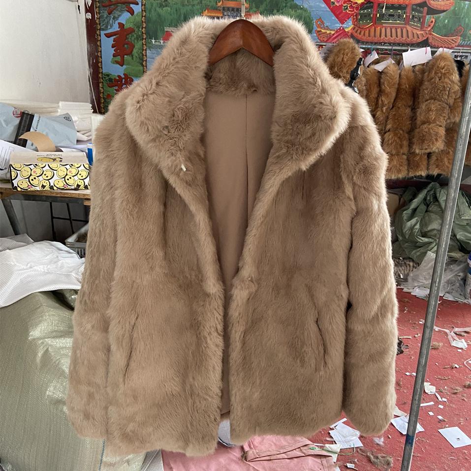 Real Rabbit Fur Coat Long Woman Winter Fashion Stand Collar Plus Size Luxury Warm Outwear Waisted Real Fur