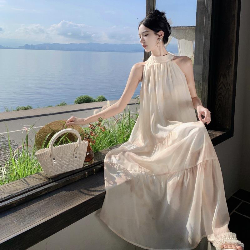White Dew Dinner, Bow Smudge Neck Dress Sleeveless Fairy Dress Seaside Holiday Dress