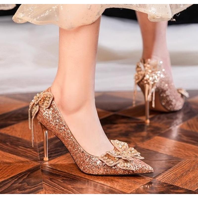 New Shiny Bowknot Thin Heels Pumps Women Slip-On Bling Crystal Party Shoes Woman Sexy Pointed Toe Glitter High Heels Shoes