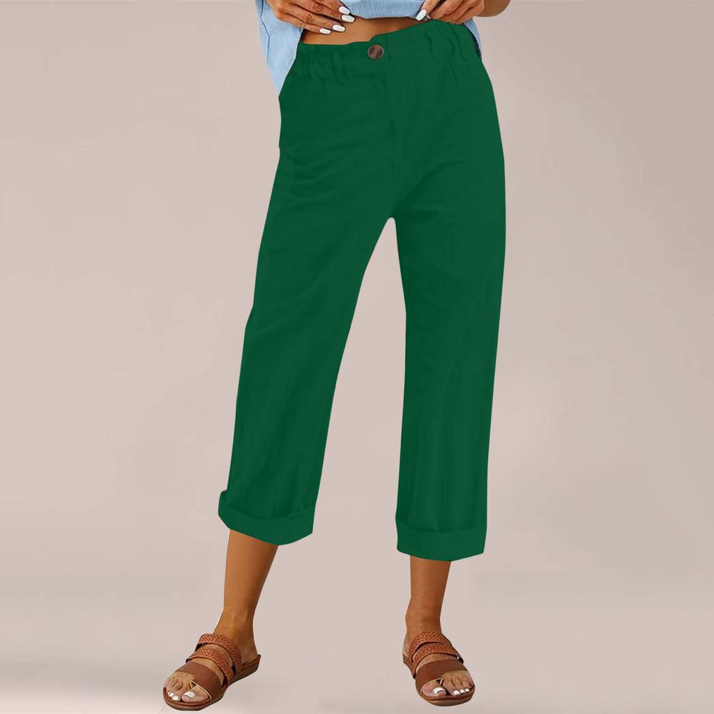 Women's Fashion Cotton-Linen Blend Loose-Fit High-Waisted Casual -Color Straight-Leg Pants