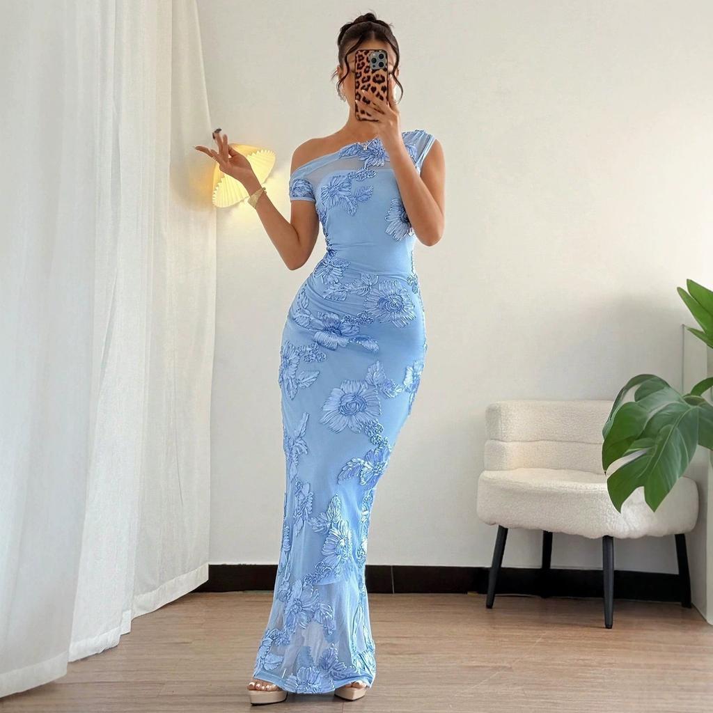 European and American Women's Clothing Spring and Summer New Dress Fashion Three-dimensional Flower Irregular Collar Sleeveless Long Dress Women's Cl