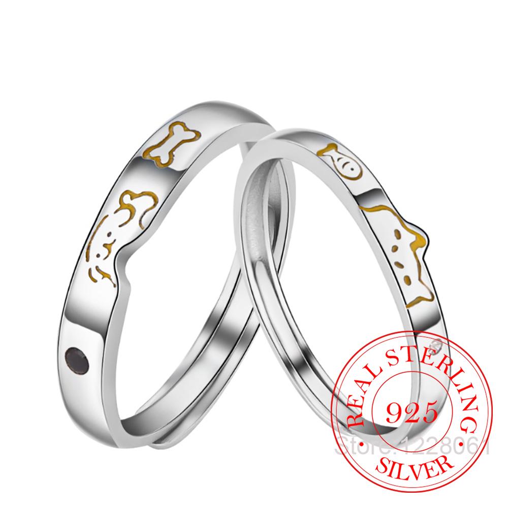 Anelli Dita in Argento Sterling 925 Gattino&Cane Gattino&Cucciolo Per Donne Uomini Coppia Matrimonio Fidanzamento Festa Gioielli Charm