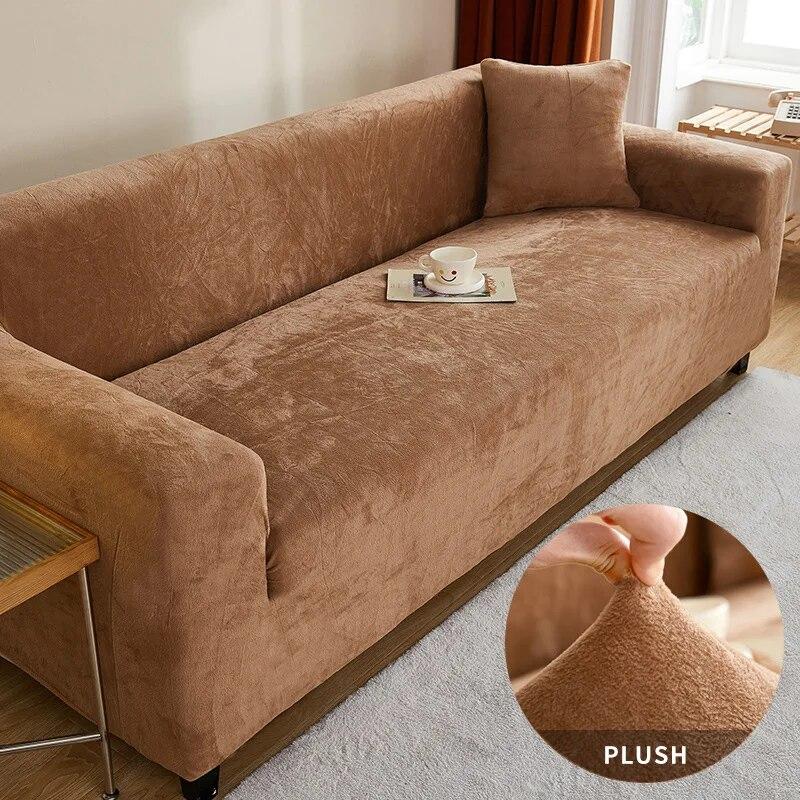 Thickened Plush Sofa Cover For Living Room Solid Color Elastic Sofa Slipcovers Tight Wrap All Inclusive Non Slip Sofa Towel