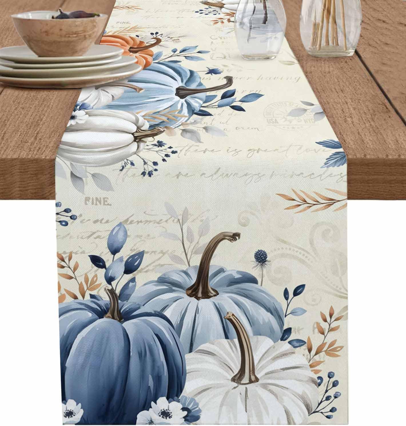 Chemin de table en lin Citrouille Bleu Gris Automne Décoration de Maison Action de Grâce Feuille d'Érable Botanique Chemin de table pour Table de Cuisine/Salle à Manger Décor Automnal 150x33cm gray