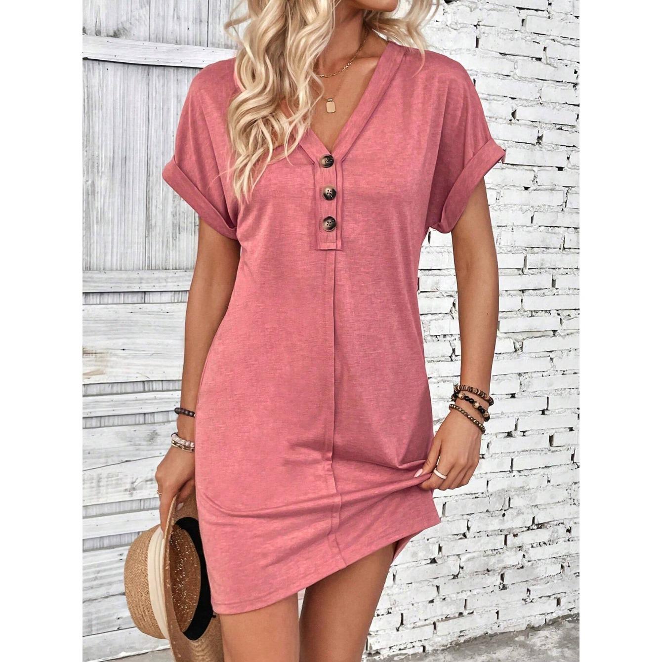 

IHUASU Летнее модное женское платье с пряжкой, V-образным вырезом, рукавами-роликами на плечах, однотонное платье XL розовый