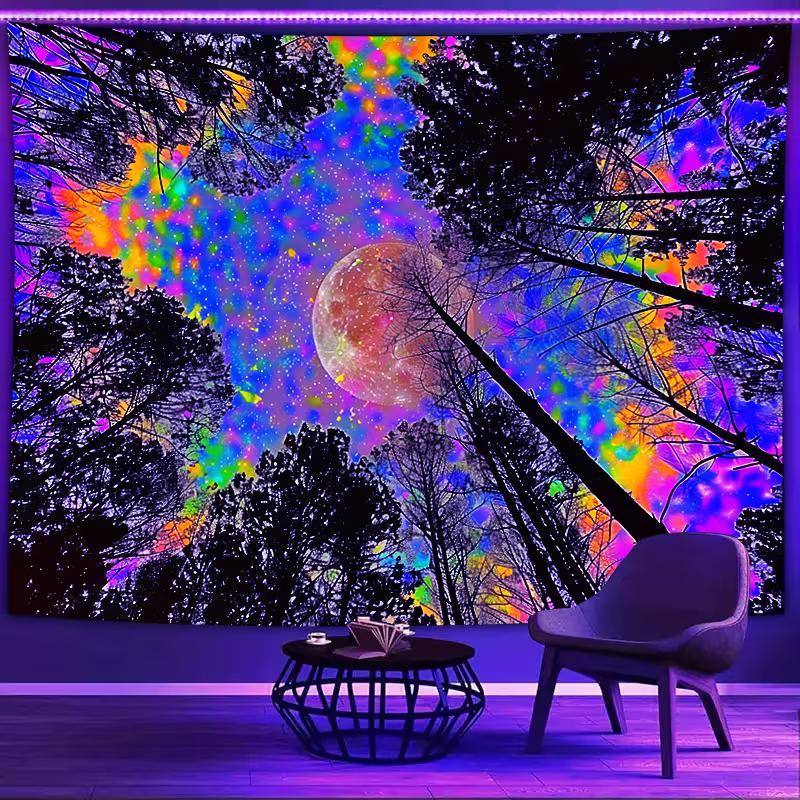 2D Blacklight Forest Moon Tapestry, UV Reactive Trippy Wall Hanging for Bedroom & Dorm