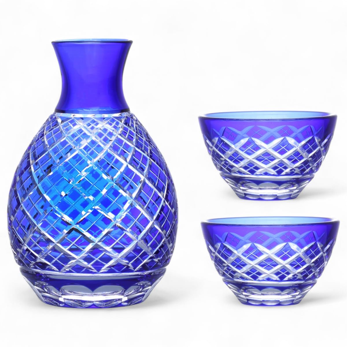 

Mizukage Glass Kiriko Cups for Sake of 1 Sake Bottle and 2 Sake Diamond Pattern Blue Current Model J-kitchens (Set Cups)