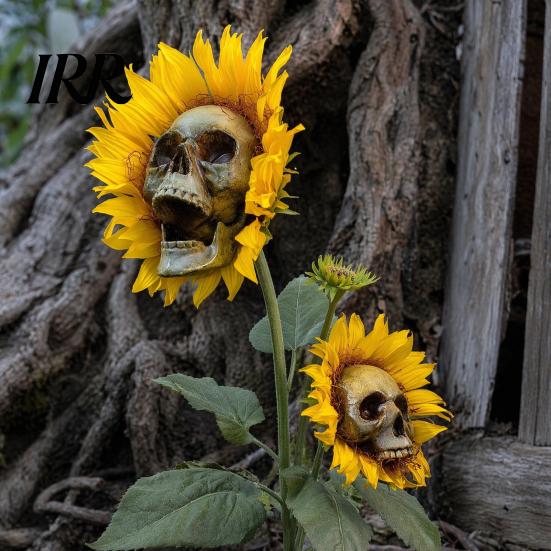 Fun Halloween Garden Accessory Sunflower Skull Ornament, Theme Decor, Potted Outdoor Spooky Planter Plant Waterproof Decoration, for Lawn