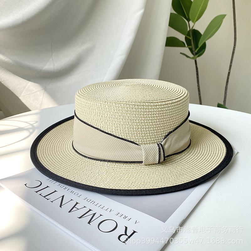 French Flat Top Straw Hat Children's Summer New Straw Top Hat Seaside Sunshade Sunscreen Hat Beach Sun Hat