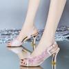 Luxury sandals women's middle heel 2024 summer new British windfish mouth with diamond mesh high heels Women's shoes
