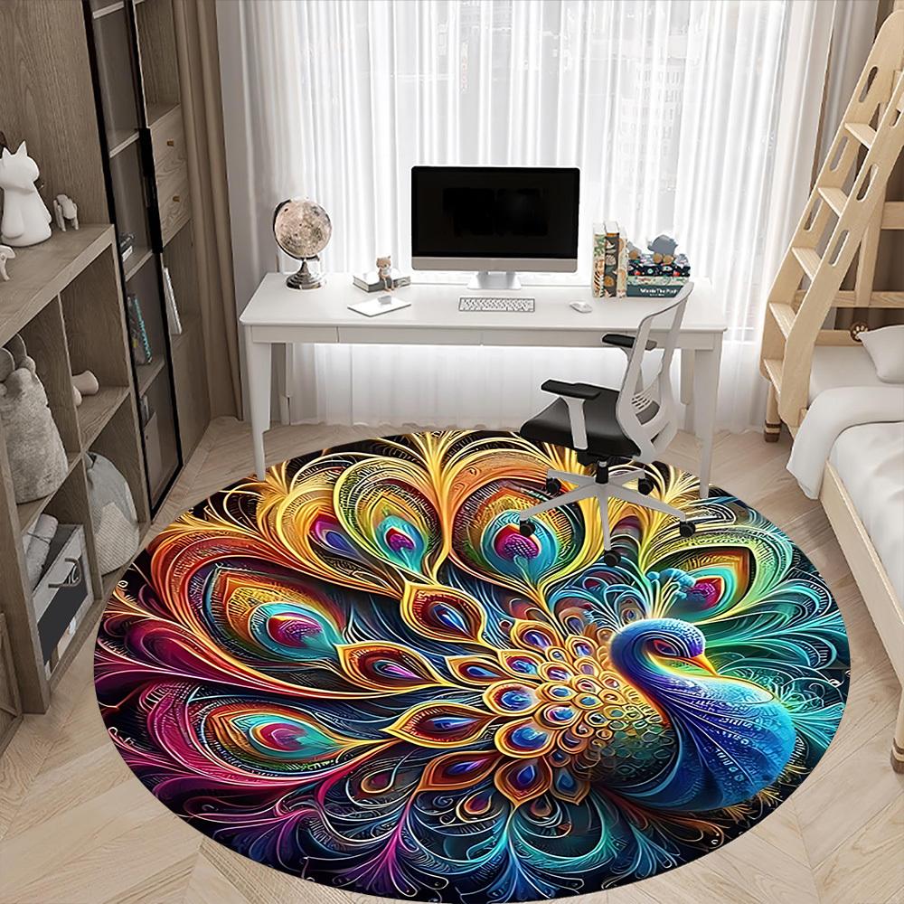 1pc Peacock Feather Mandala Office Round Area Rug, Under Office Chairs Bedroom Living Room Home Decor, Room Deco