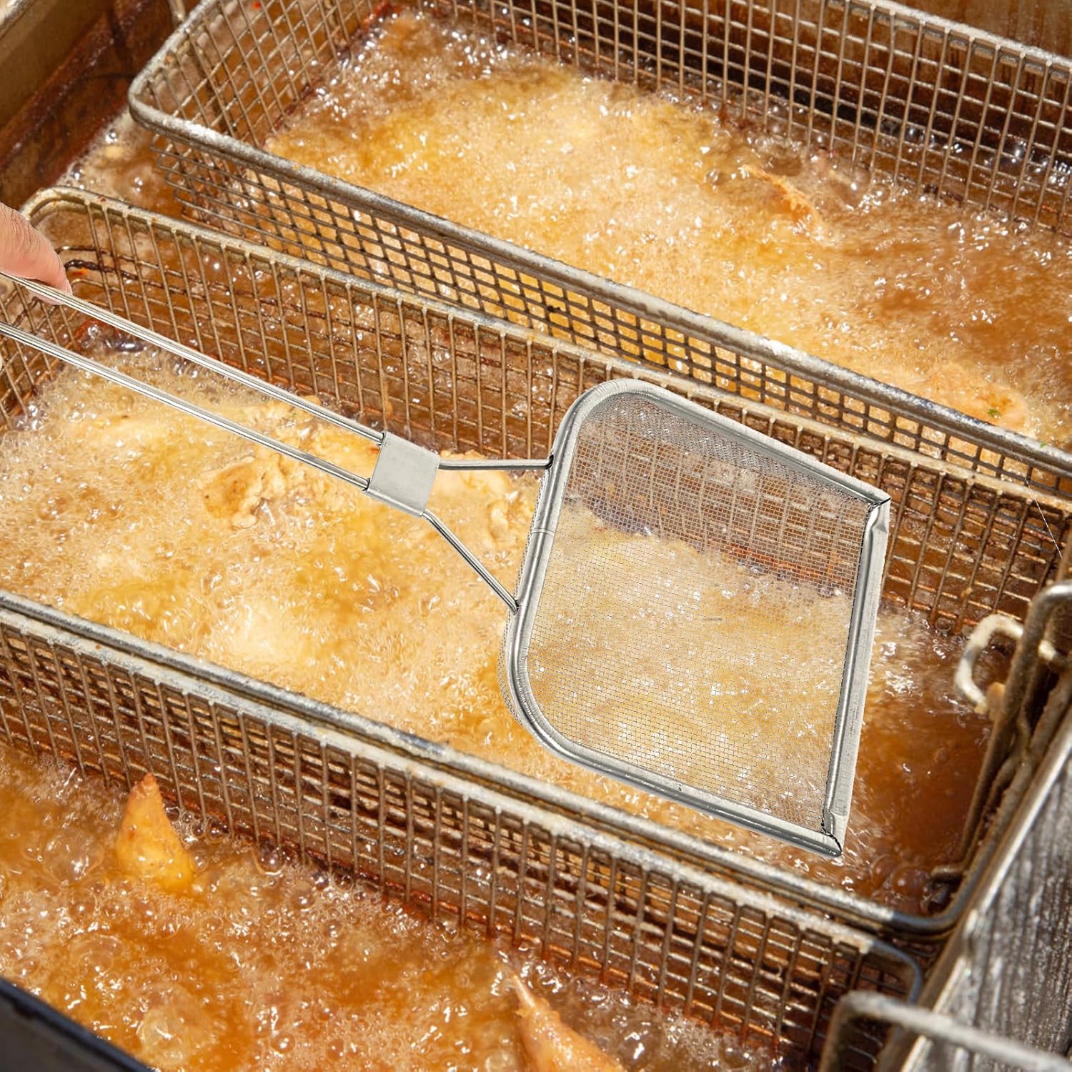 Fat Skimmer Spoon, Stainless Steel Fryer Scoop, Fine Mesh Skimmer Spoon with Long Handle, Fat Grease Separator Skimmer for Hot Pot, Food Spider