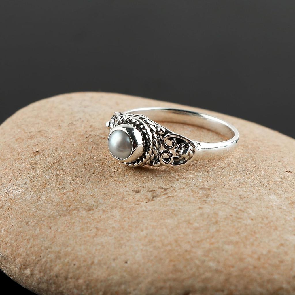 Weißer Perlen Edelstein Ring, Boho Ring, Massiver 925 Sterling Silber Ring, handgefertigter Schmuck, Statement Ring