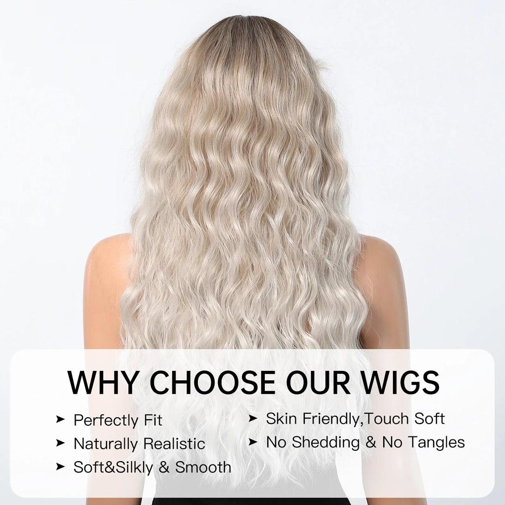 ALAN EATON Ombre Blonde Curly Wigs with Bangs Long Wave Synthetic Full Wig Cute Party Cosplay Wig High Temperature Fake Hair