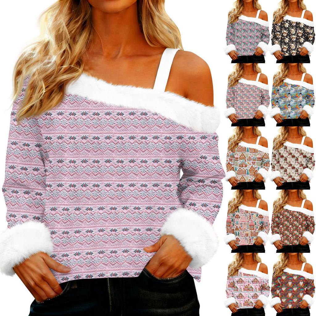 Women's Off-the-shoulder Plush Neck Printed Long-sleeved Pullover T-shirt Top