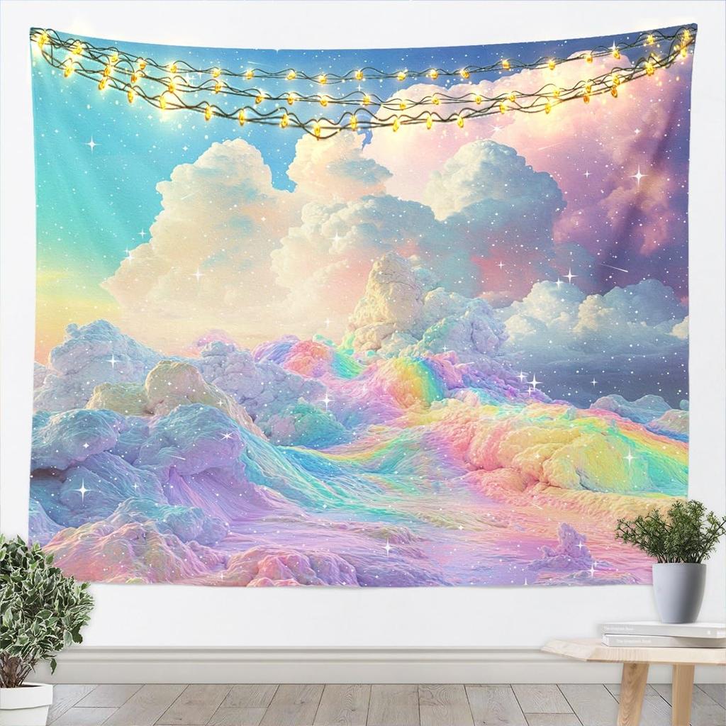 Dreamy Pastel Cloud Tapestry, Colorful Candy Sky with Glitter Stars Design, Bohemian Wall Art for Teen Room & Nursery
