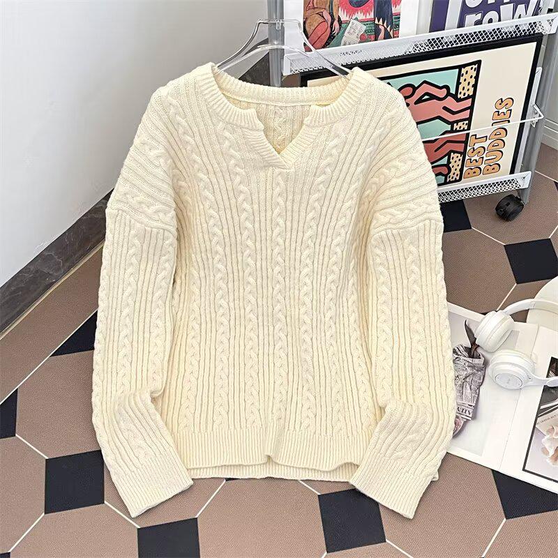 2025 Men s Thick V-Neck Cable Knit Loose Casual Sweater for Autumn L абрикосовый